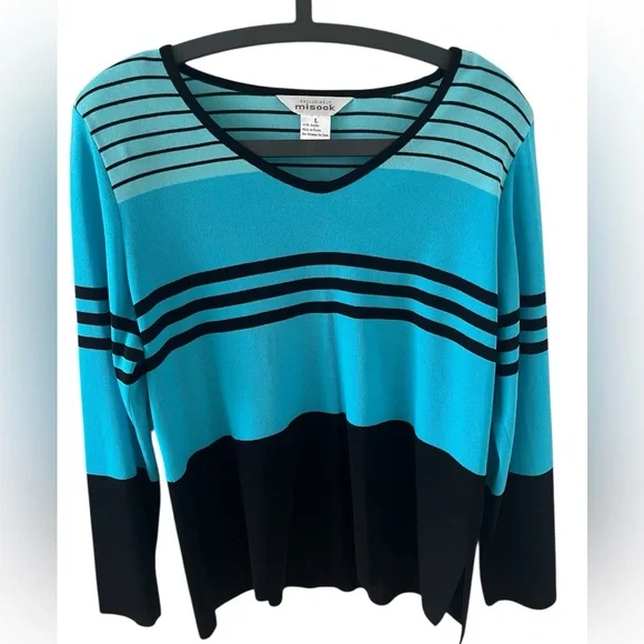 Misook 2 Piece Set Black Teal Blue Cardigan & Sweater Stripe Top Twin Set Large - Picture 3 of 5